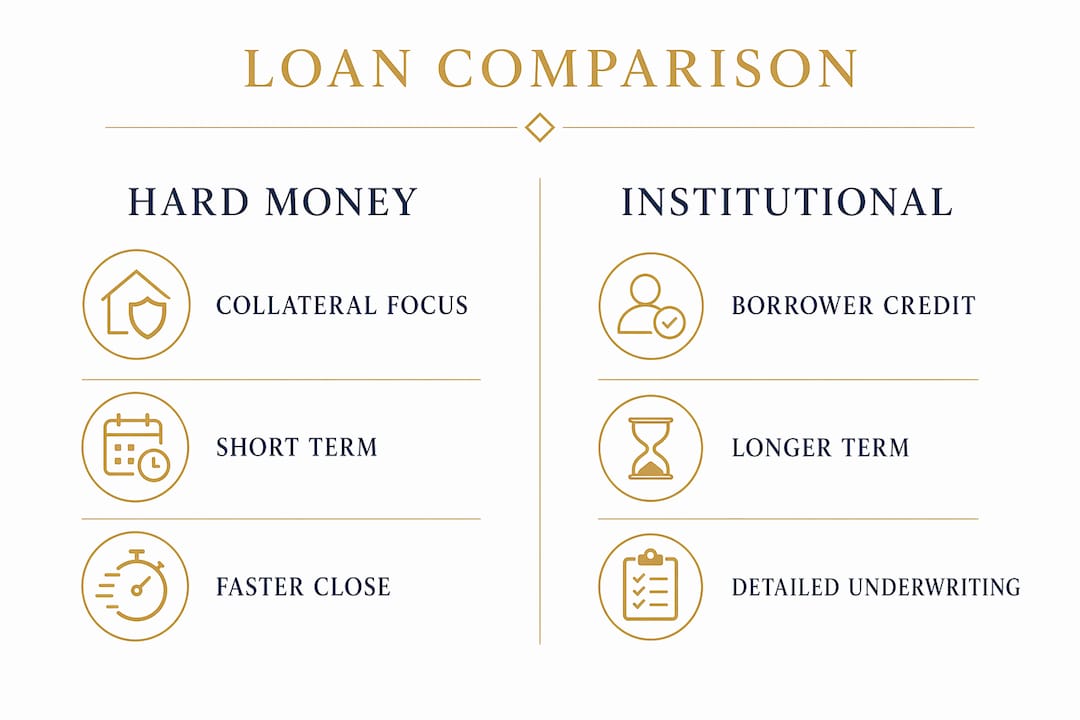 Infographic comparing hard money and institutional loans