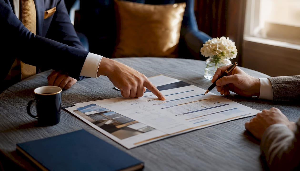 Close-up of hands discussing loan structure documents