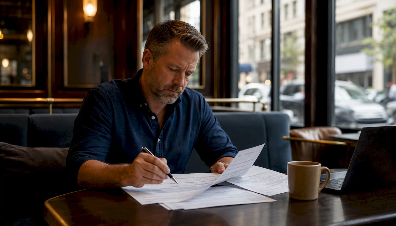 Builder reviewing construction financing documents