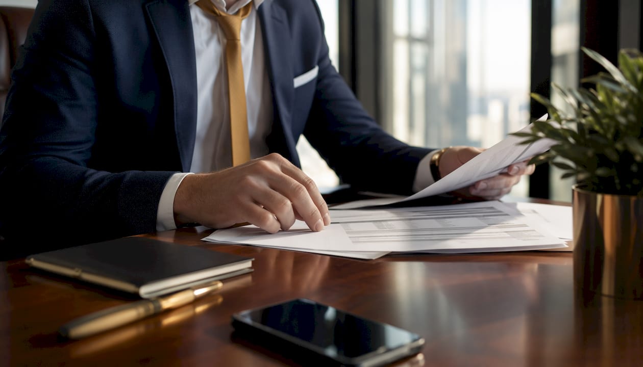 Close-up of hands reviewing construction financing paperwork
