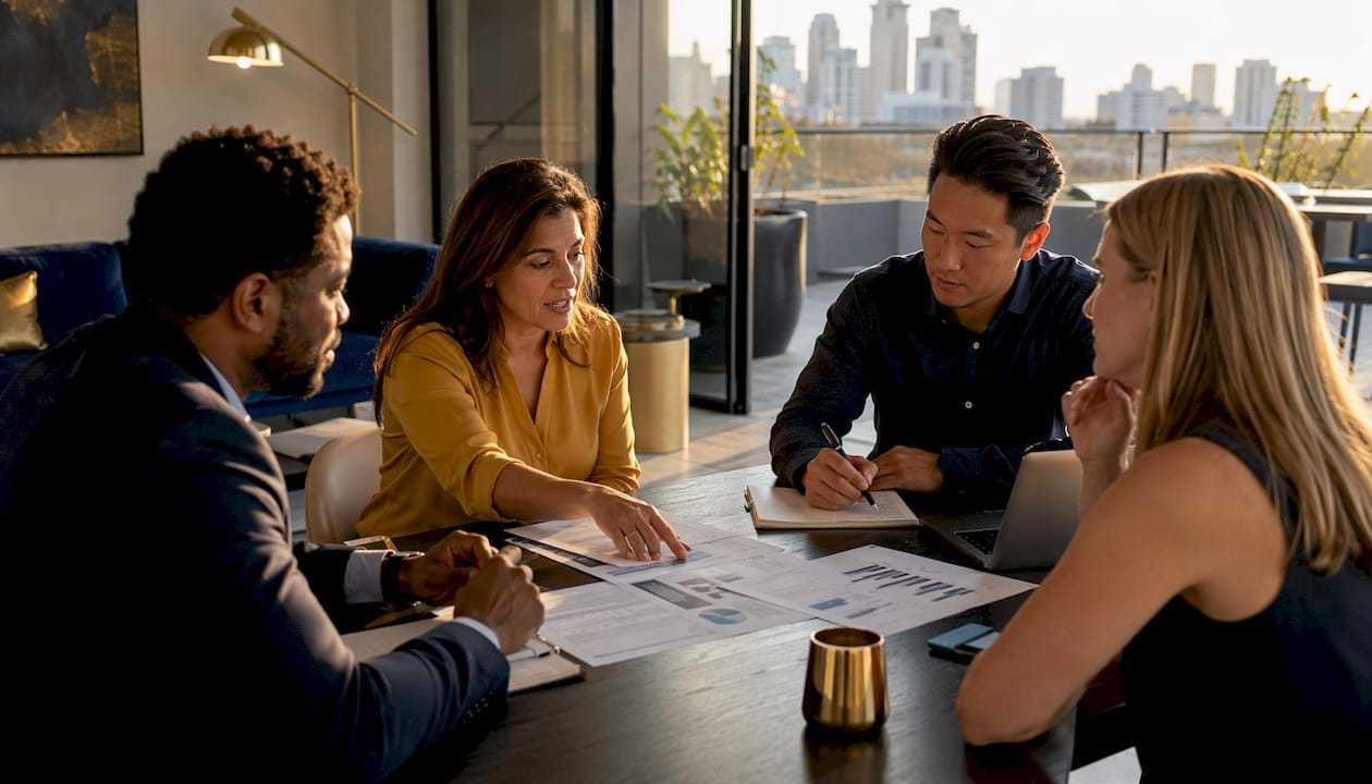 Investors discussing build-to-rent financing in meeting