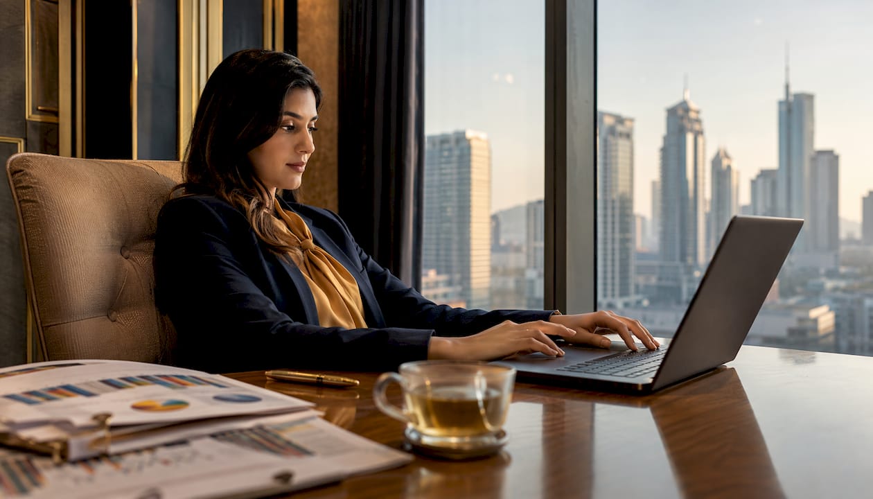 Analyst typing on laptop with financial reports