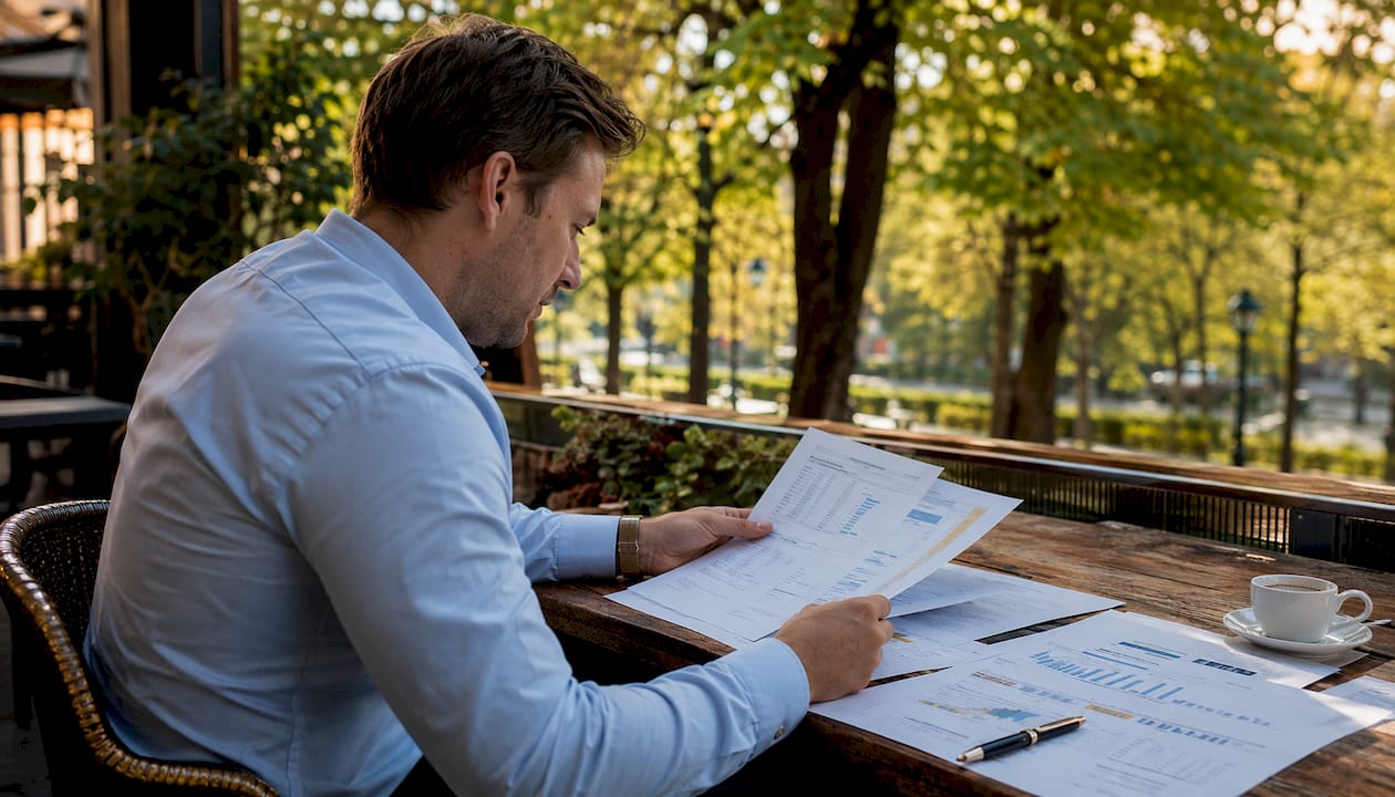 Hands arranging financial documents on desk