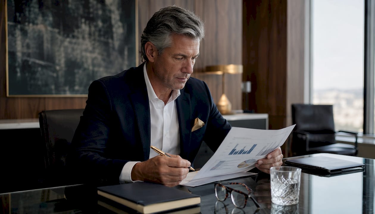 Lender reviewing printed feasibility study in office