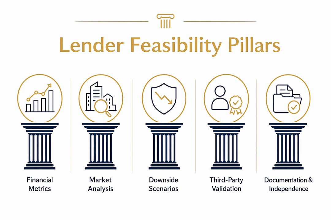 Infographic illustrating five key feasibility study pillars lenders require