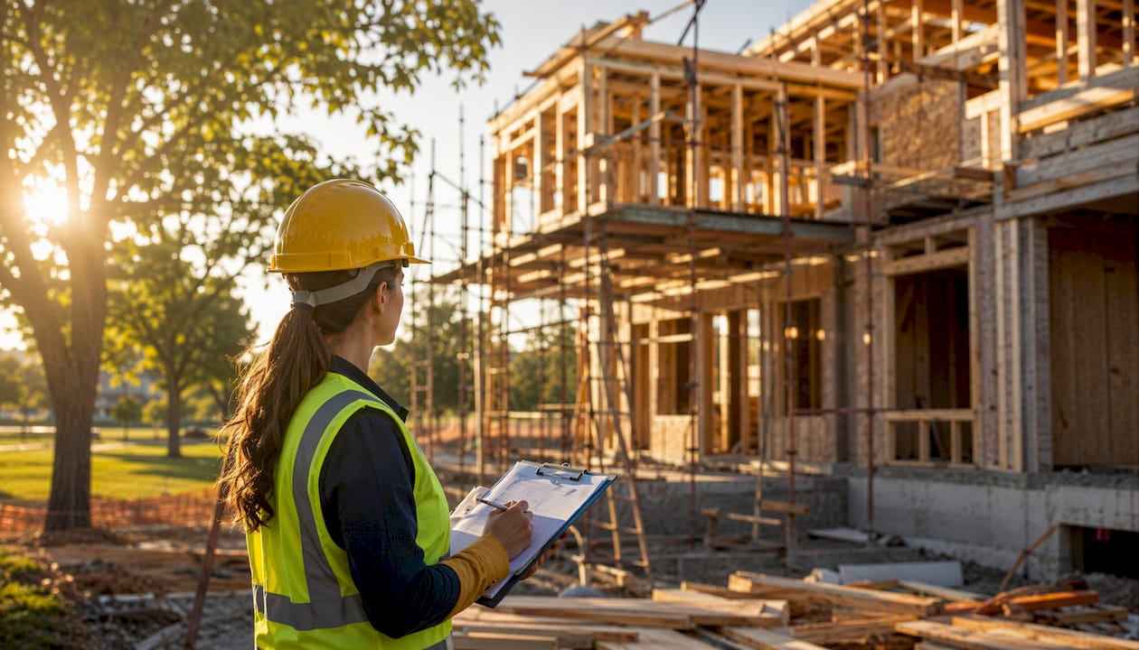 Appraiser inspecting residential construction framing