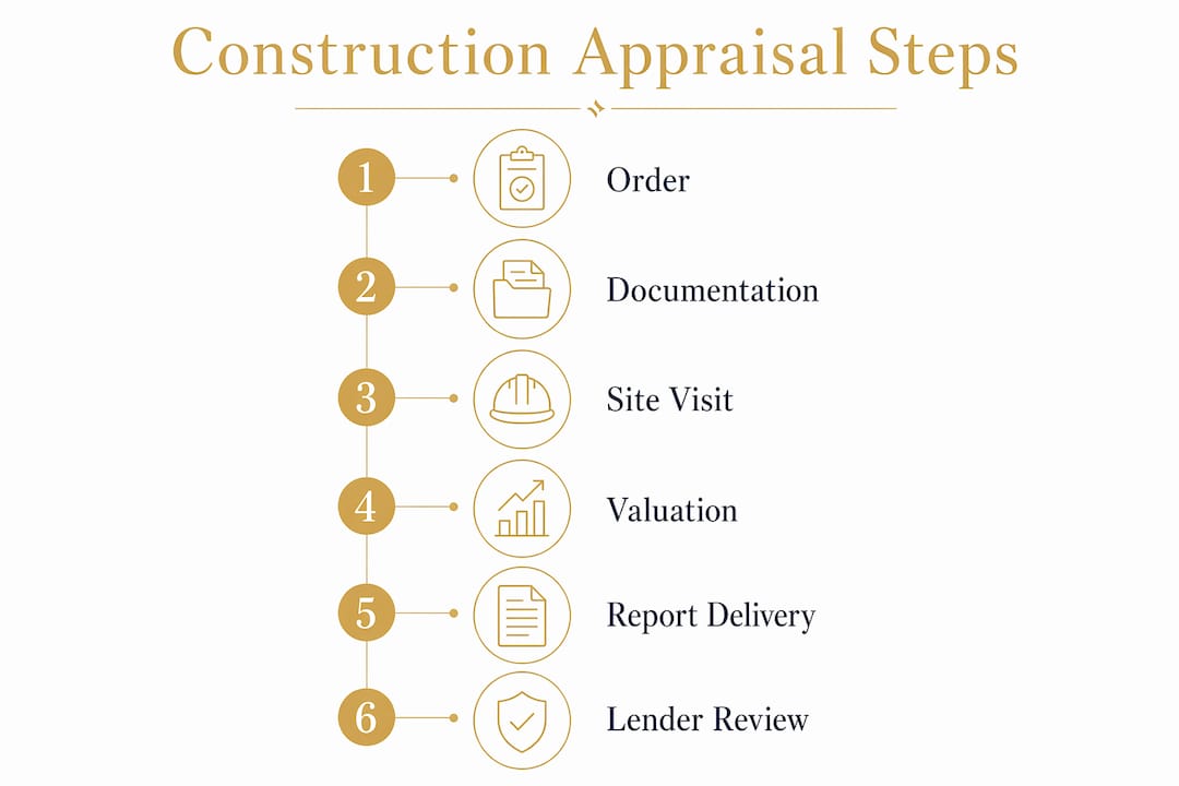 Infographic illustrating construction appraisal process steps with six stages