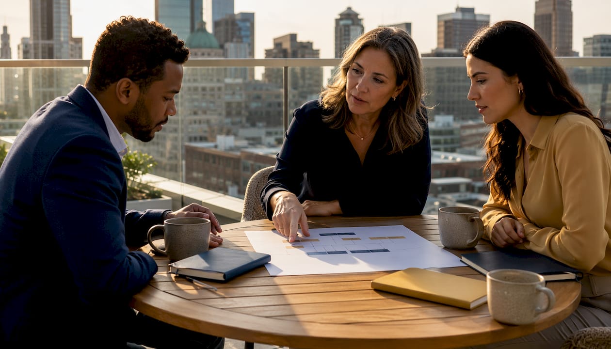 Team discussing capital stack waterfall flow chart