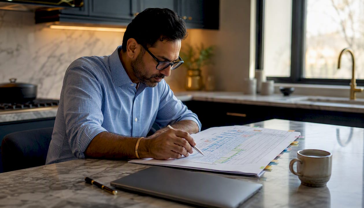 Man reviewing development funding timeline at home study