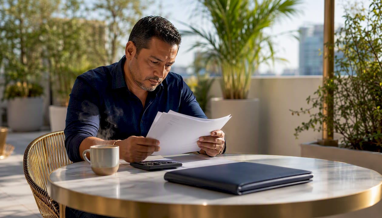 Developer reviewing construction loan documents at office desk
