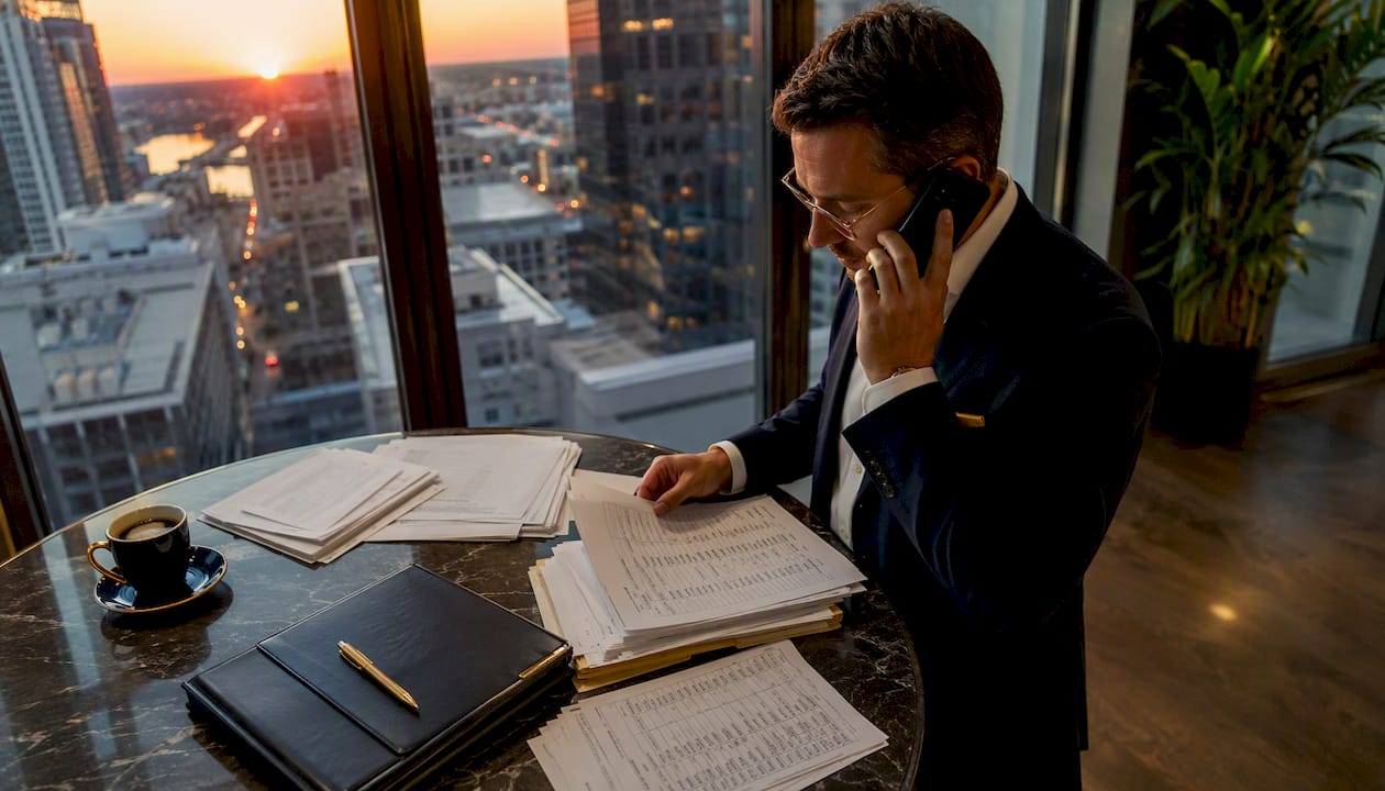 Financial advisor reviewing loan documents in office