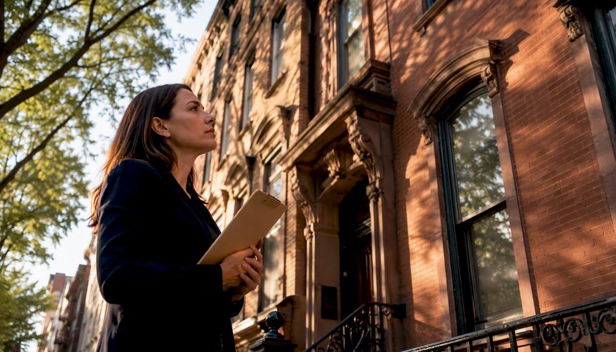 Appraiser inspecting multifamily building facade