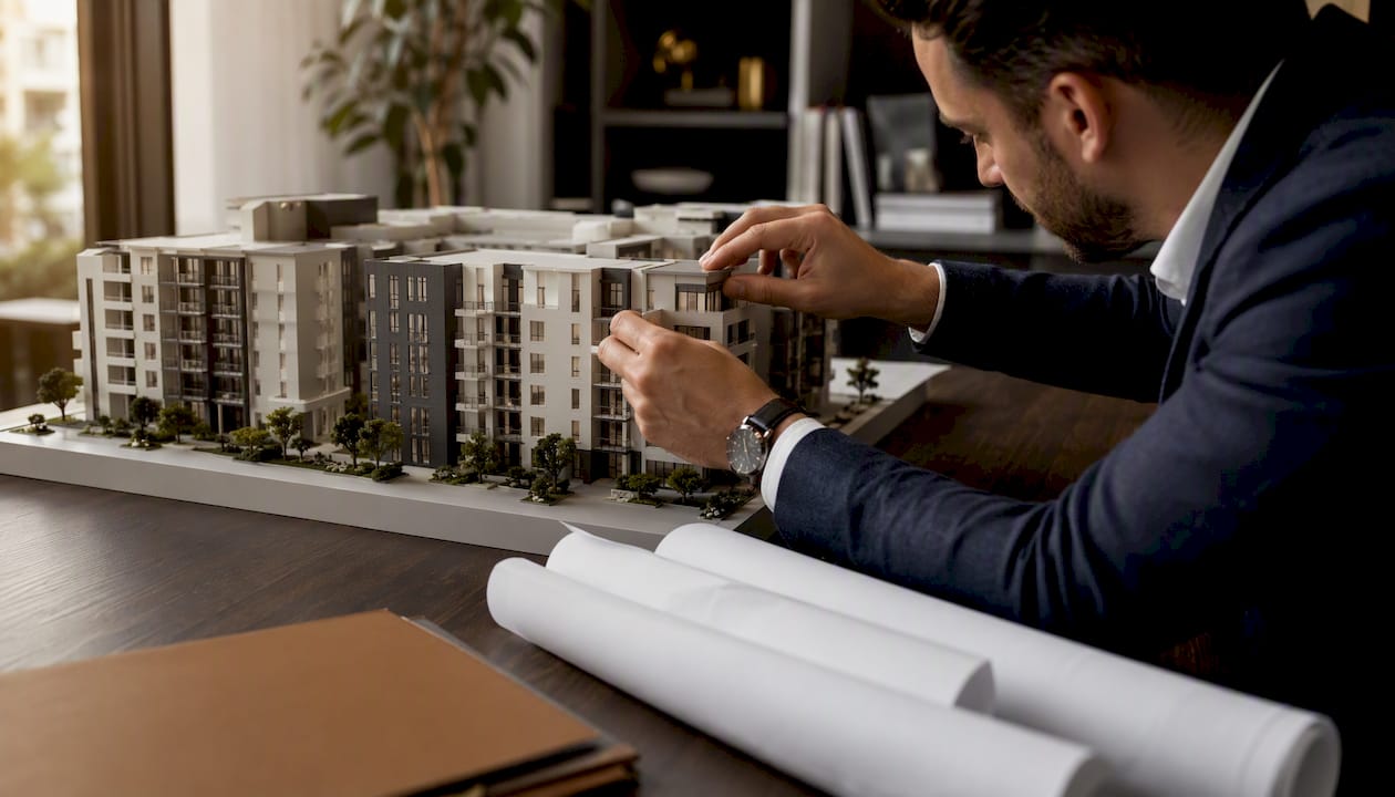 Architectural model and lease documents on table