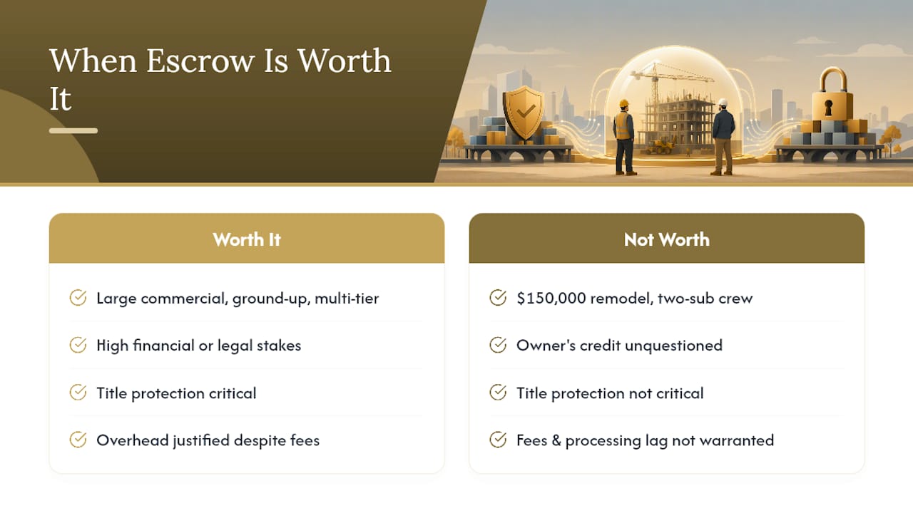Diagram comparing construction escrow benefits and risks