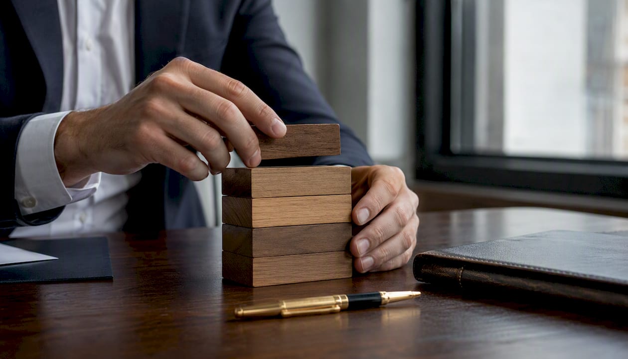 Hands arranging layered capital stack blocks
