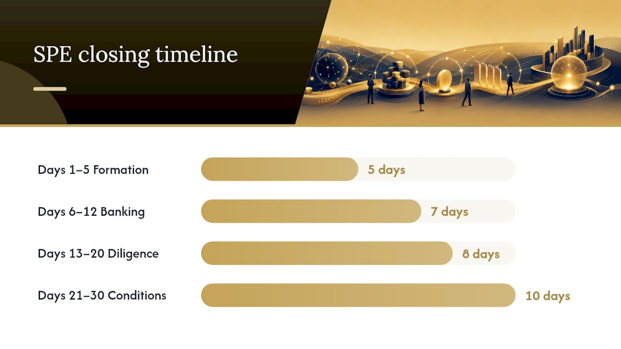 Brookmont's practical SPE closing checklist and 21–30 day timeline — overview diagram
