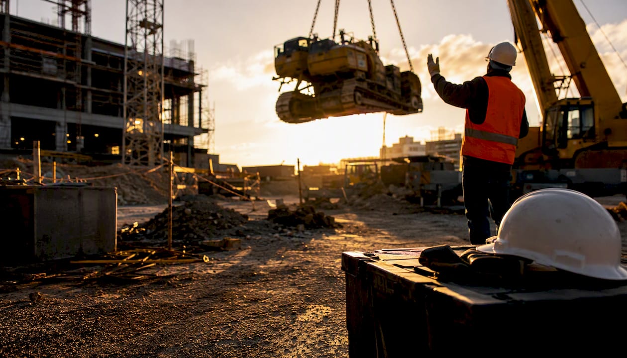Heavy equipment delivery at construction site