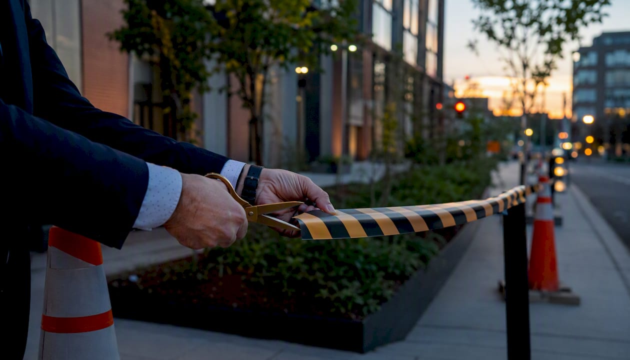 Hands removing construction barricade tape at completed site