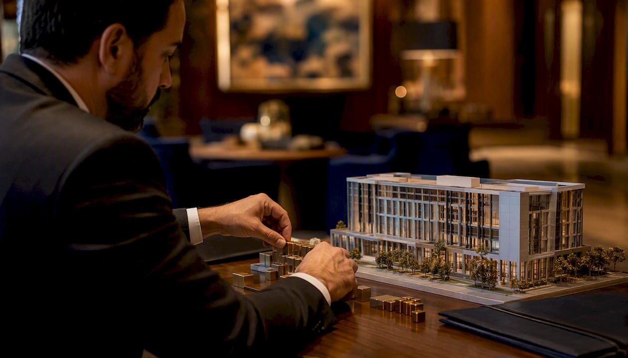 Hands arranging real estate investment model pieces