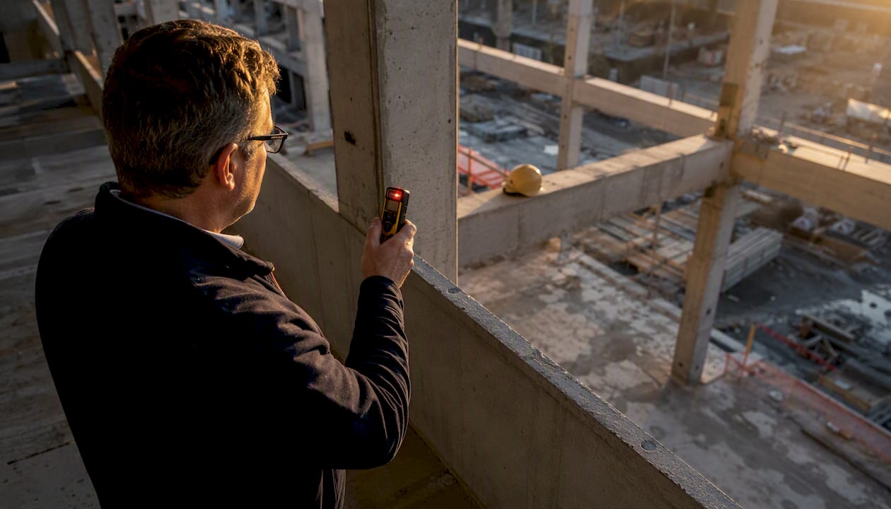 Advisor measuring distance at construction site