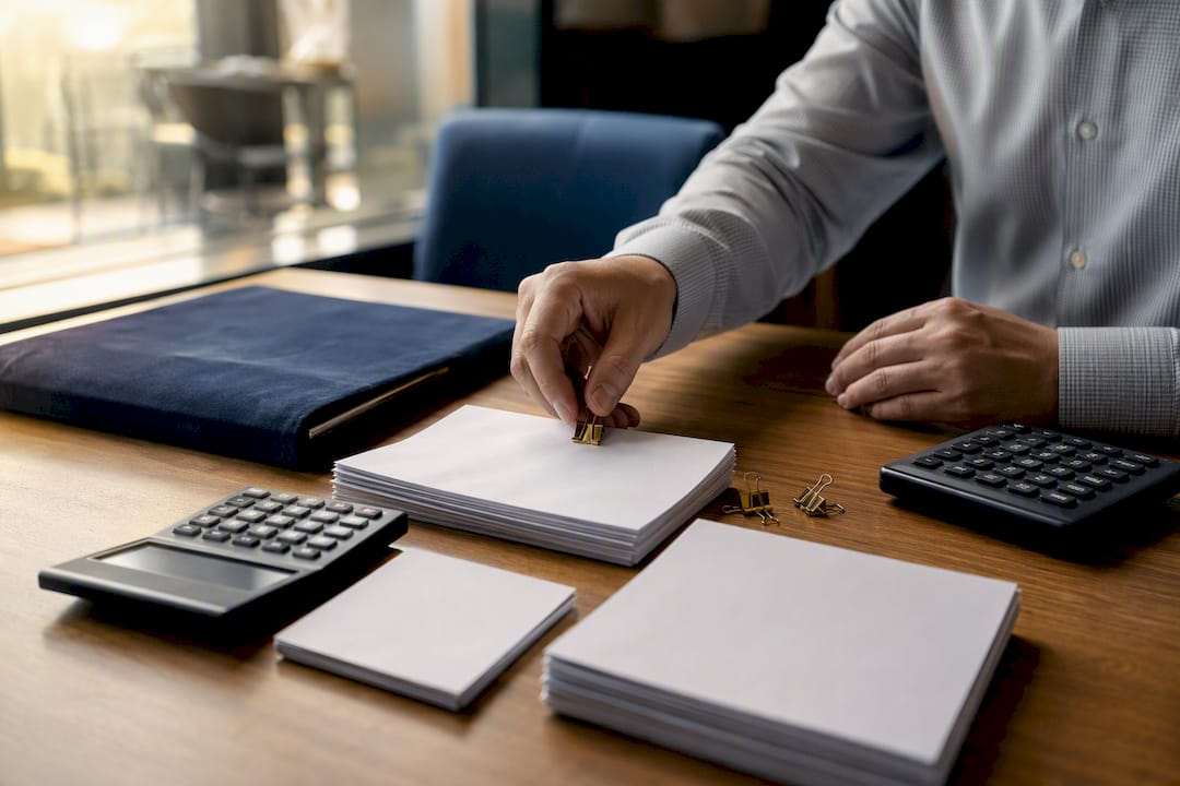 Hands placing binder clips on financial documents