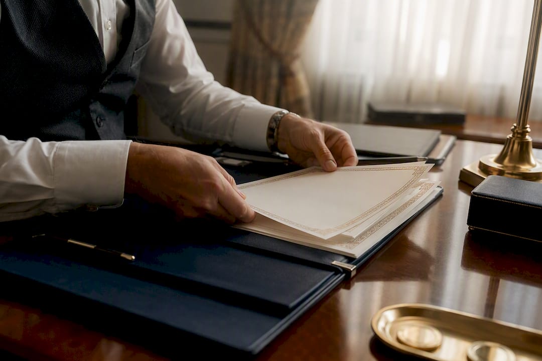 Hands assembling security certificates on office desk