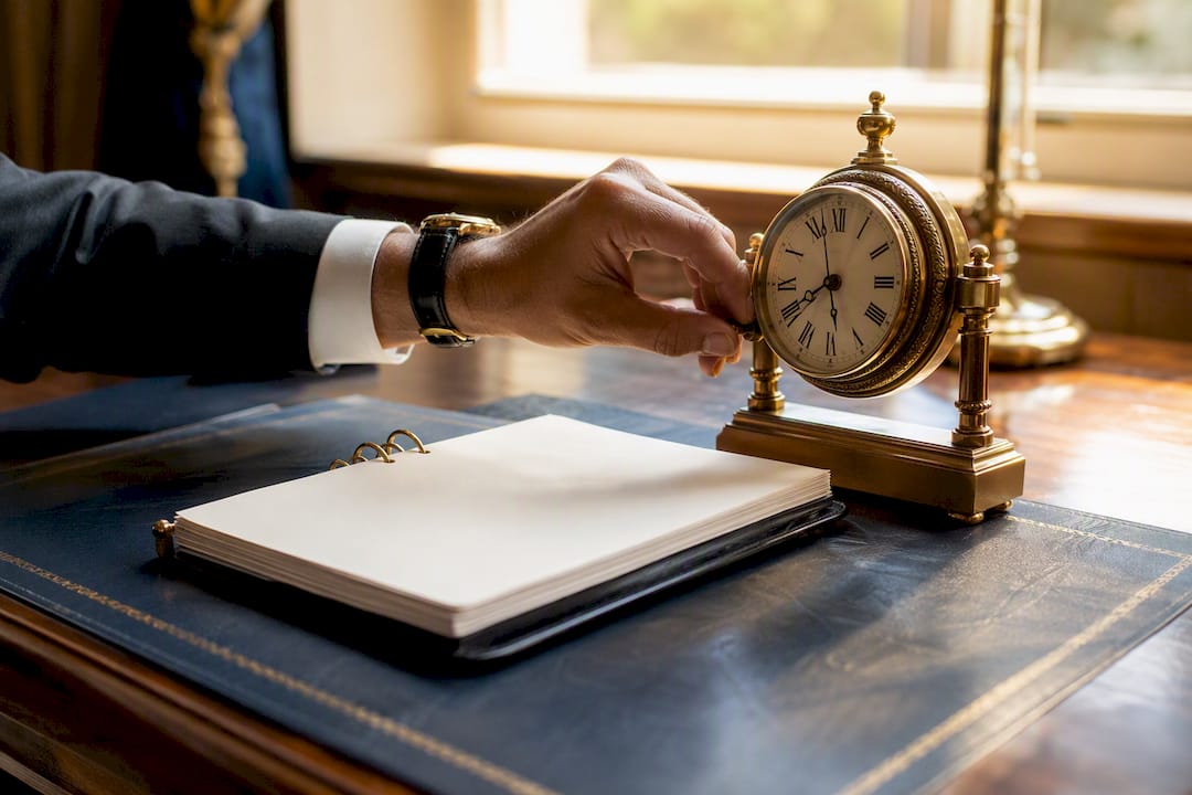 Hand adjusting desk clock near calendar page