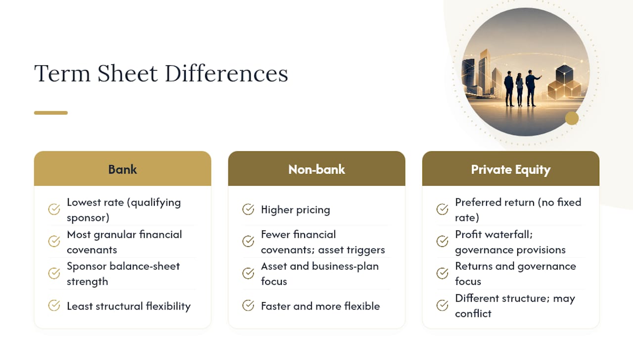 Comparison of bank, non-bank, private equity term sheets
