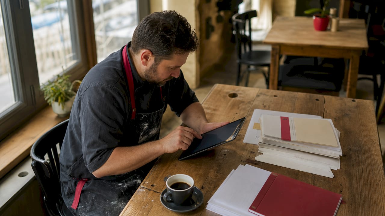 Caterer managing financial records in a kitchen office