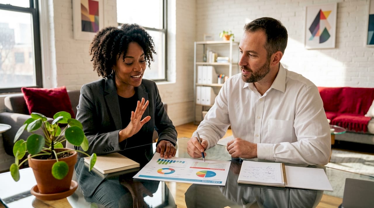 Hands discussing catering cash flow components over printouts