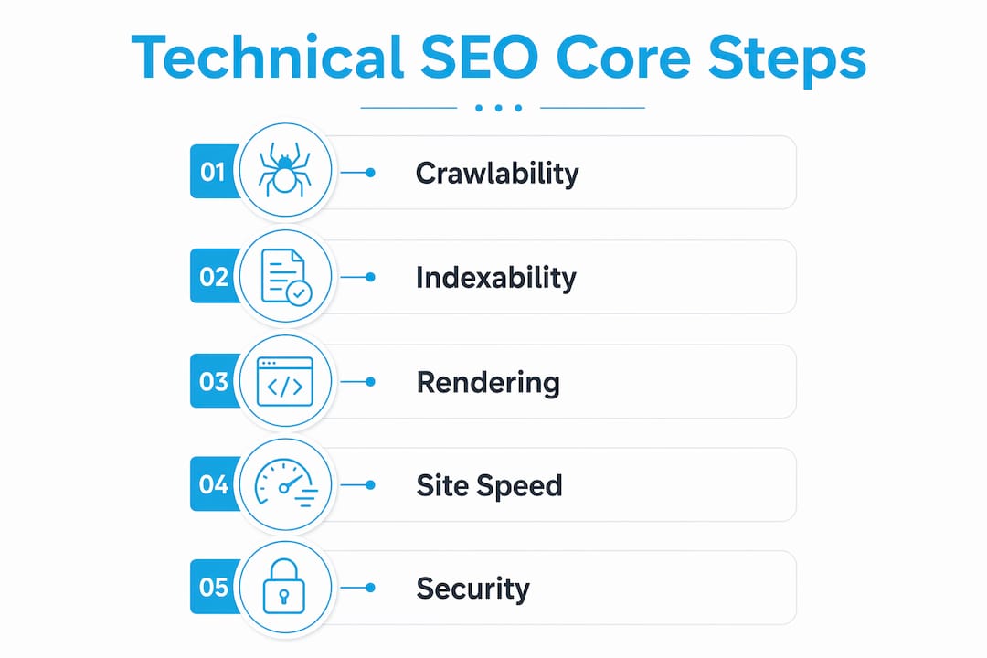 Infographic showing core components of technical SEO
