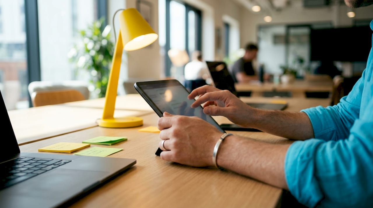 Hands typing on keyboard in minimal tech office