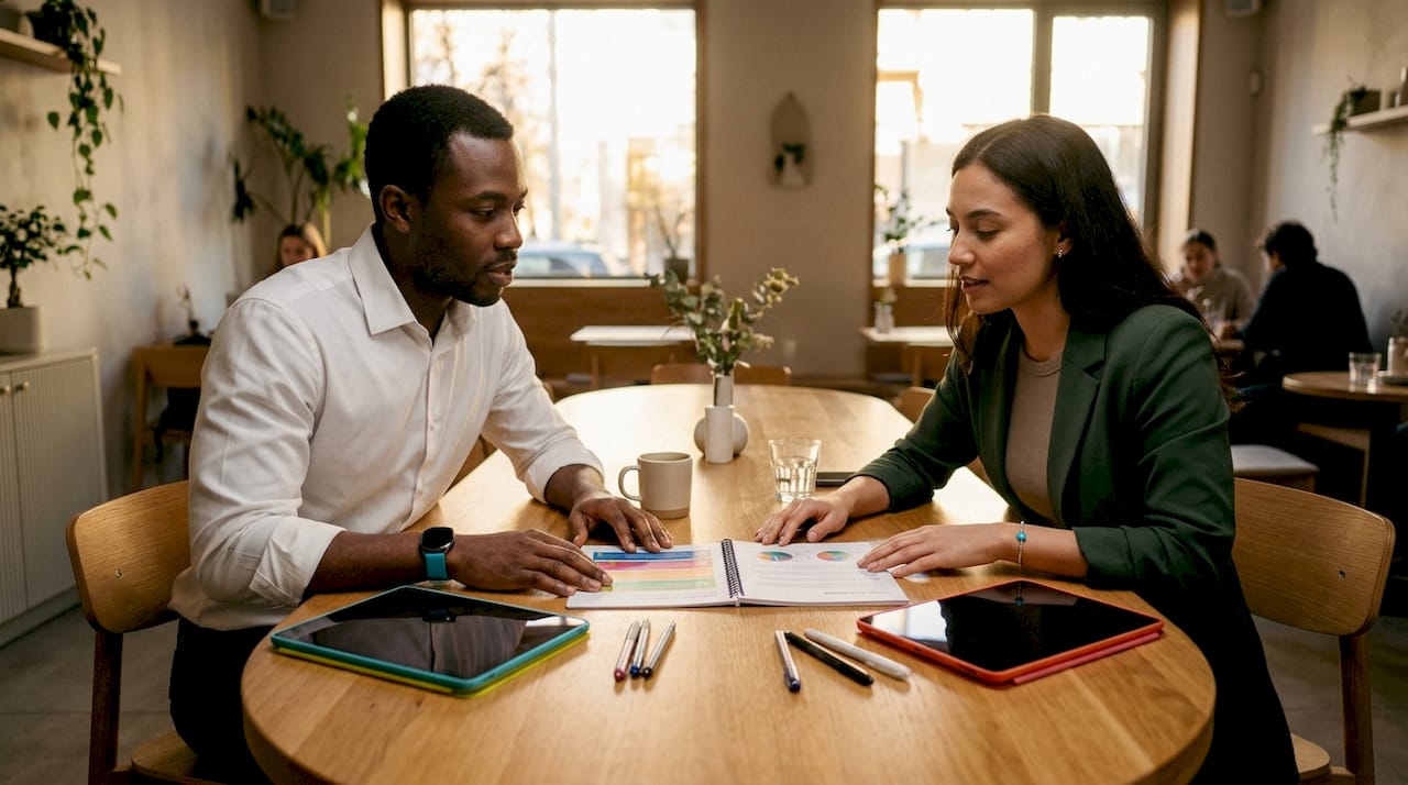 Colleagues discussing marketing report details