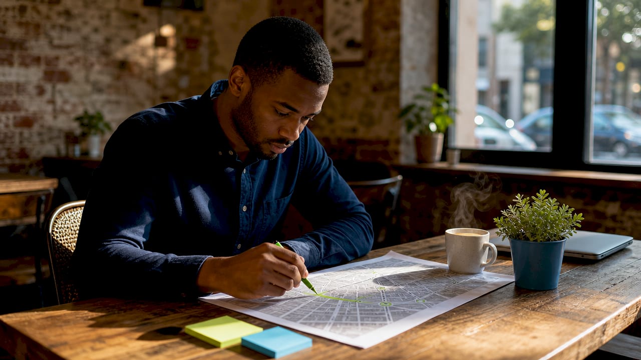 Analyst reviewing neighborhood map for SEO