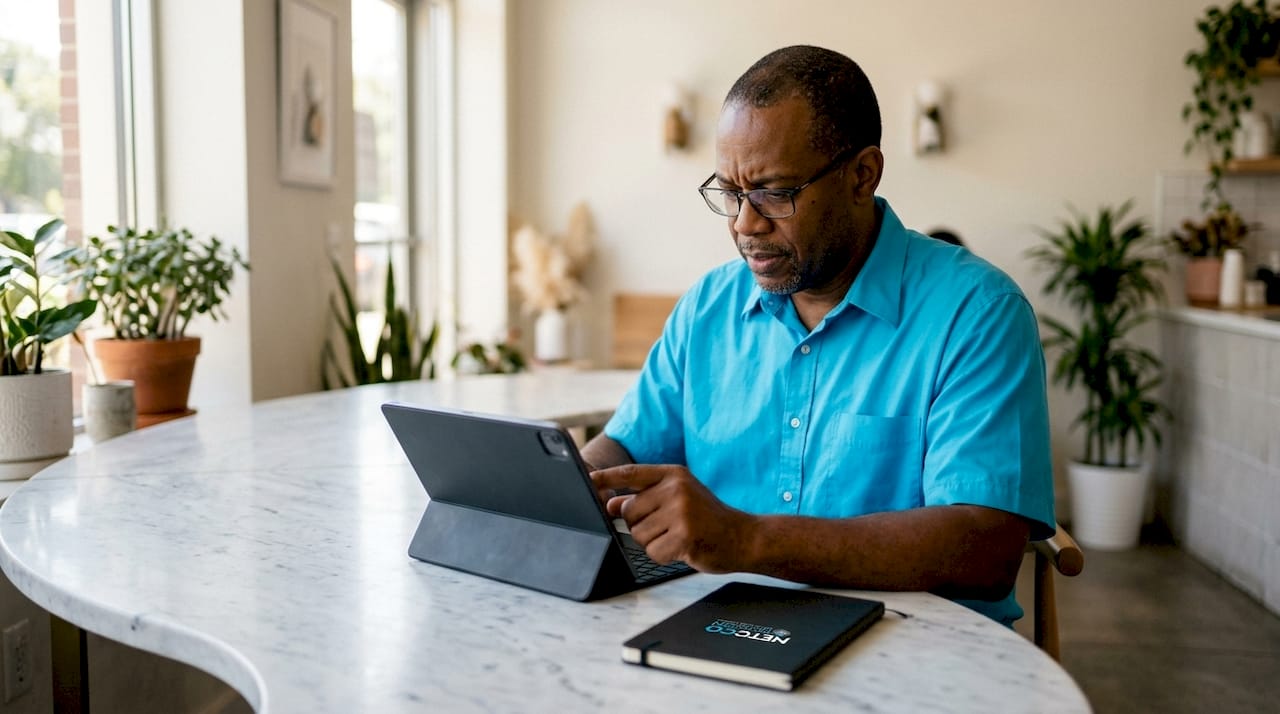 Business owner using tablet for profile optimization
