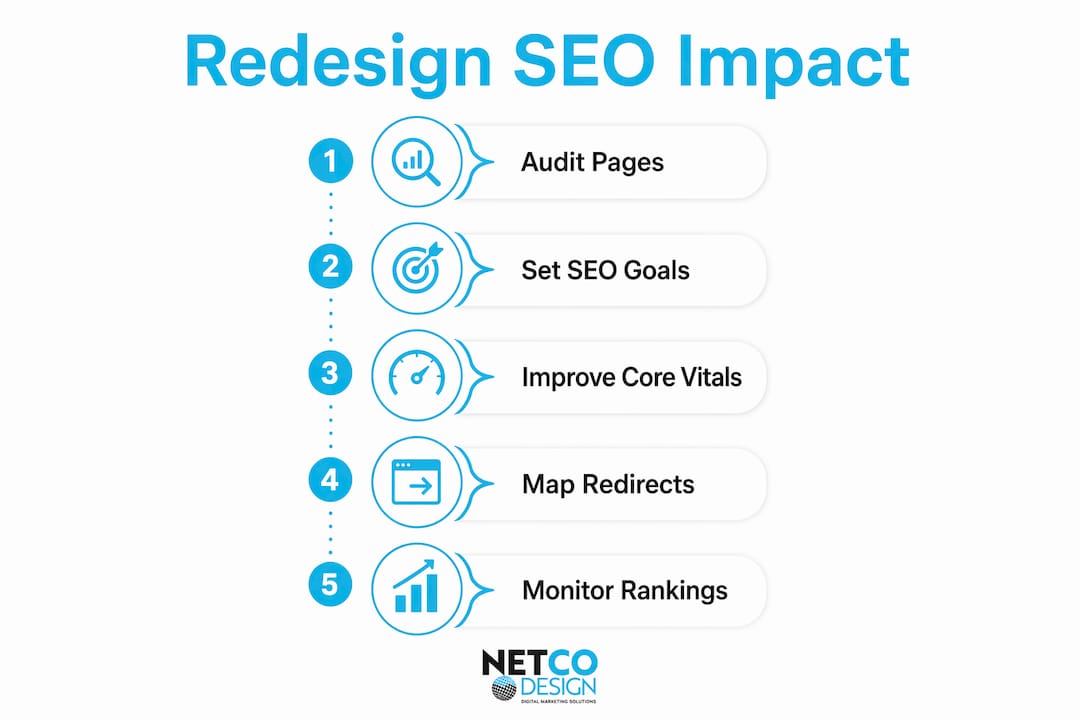 Infographic showing SEO impact steps during redesign
