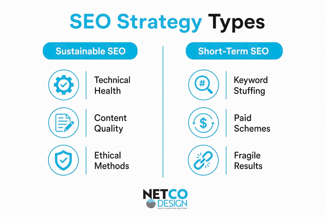 Infographic comparing sustainable and short-term SEO strategies