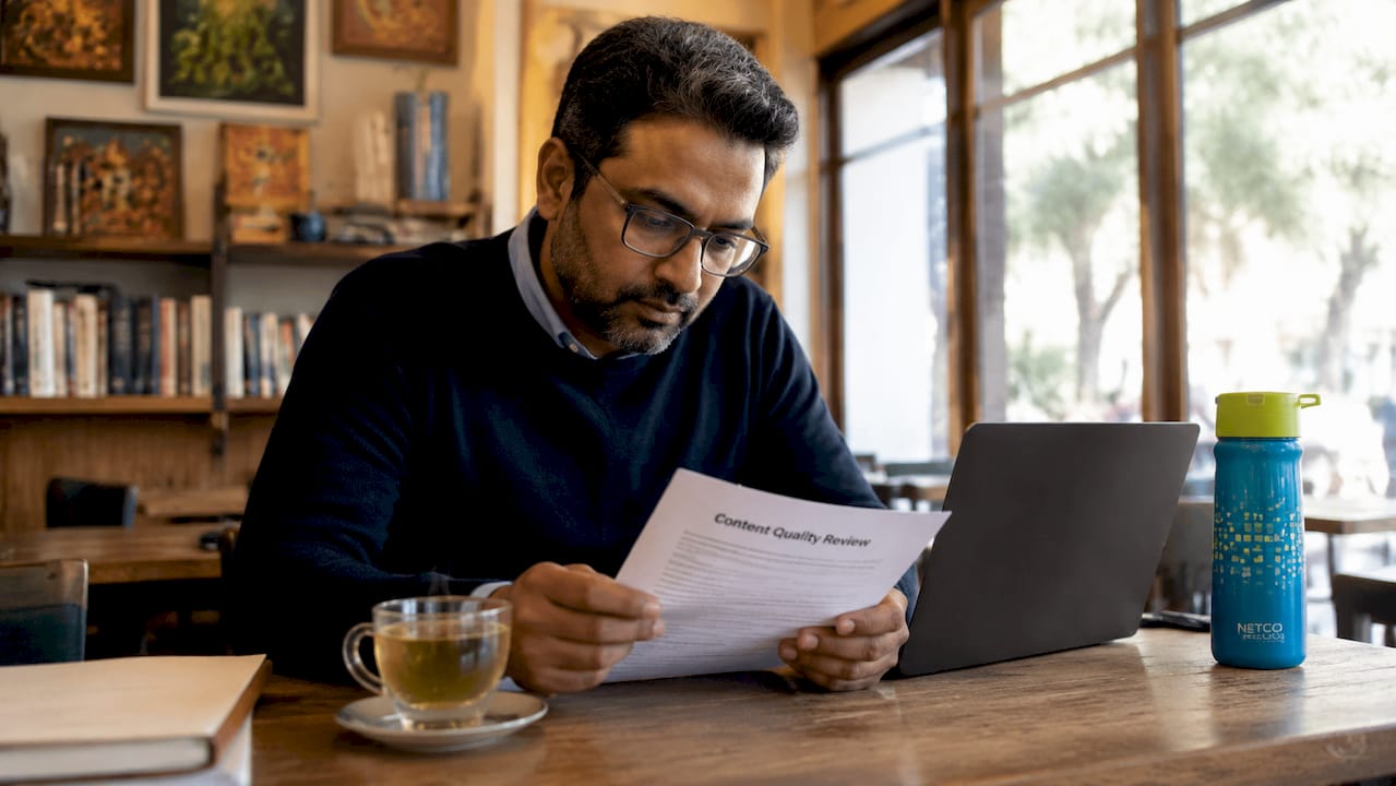 Man reviewing SEO content quality documents