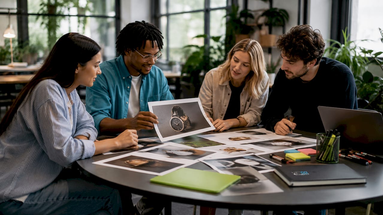 Hands arranging product photos on table
