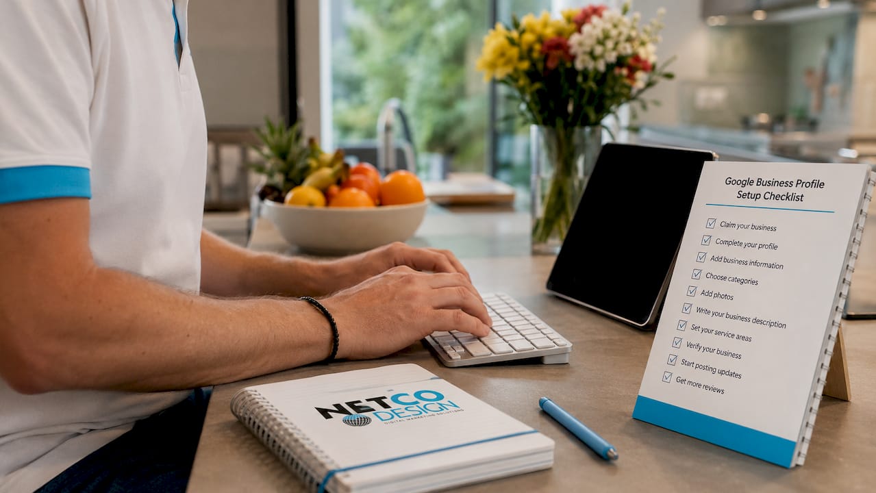 Hands typing checklist for Google Business Profile setup