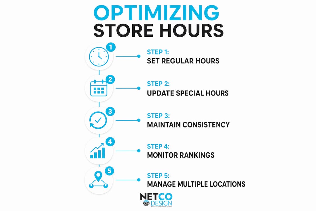 Infographic illustrating steps to optimize store hours for SEO