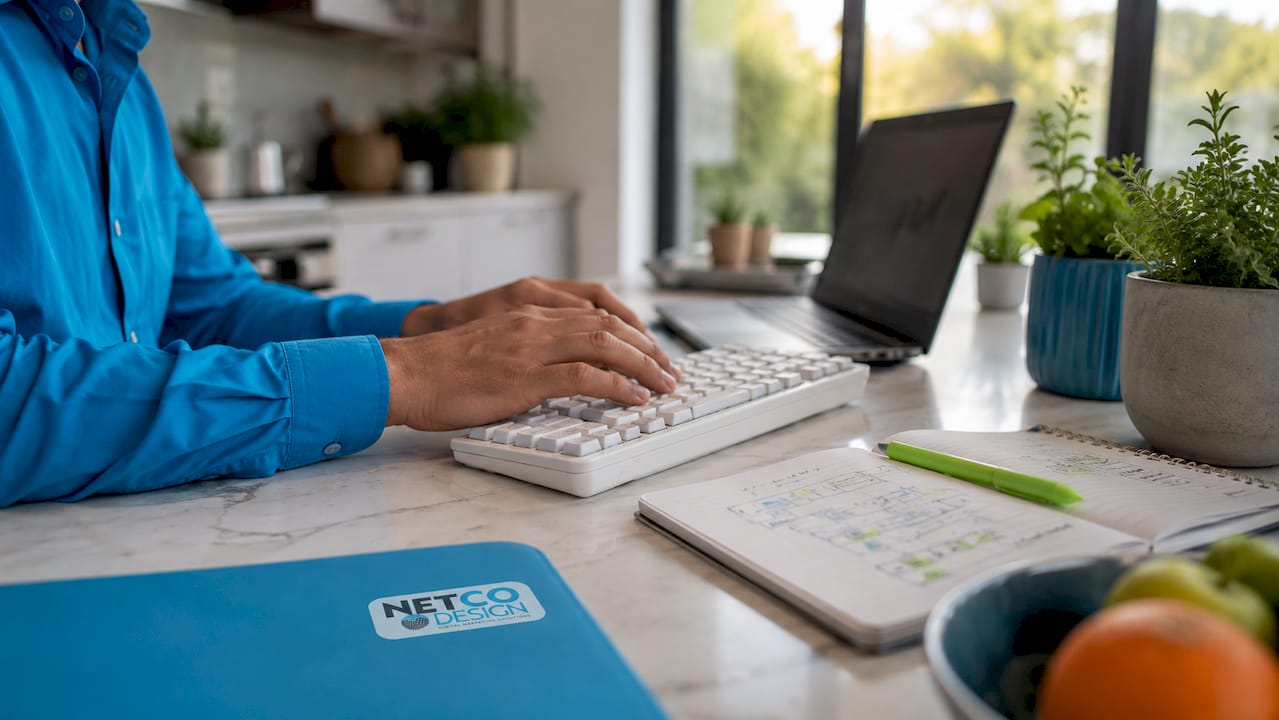 Hands typing on keyboard with SEO notes