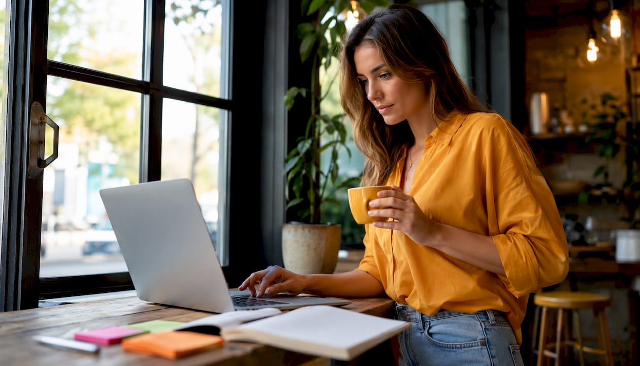 Woman planning Instagram posts at home office