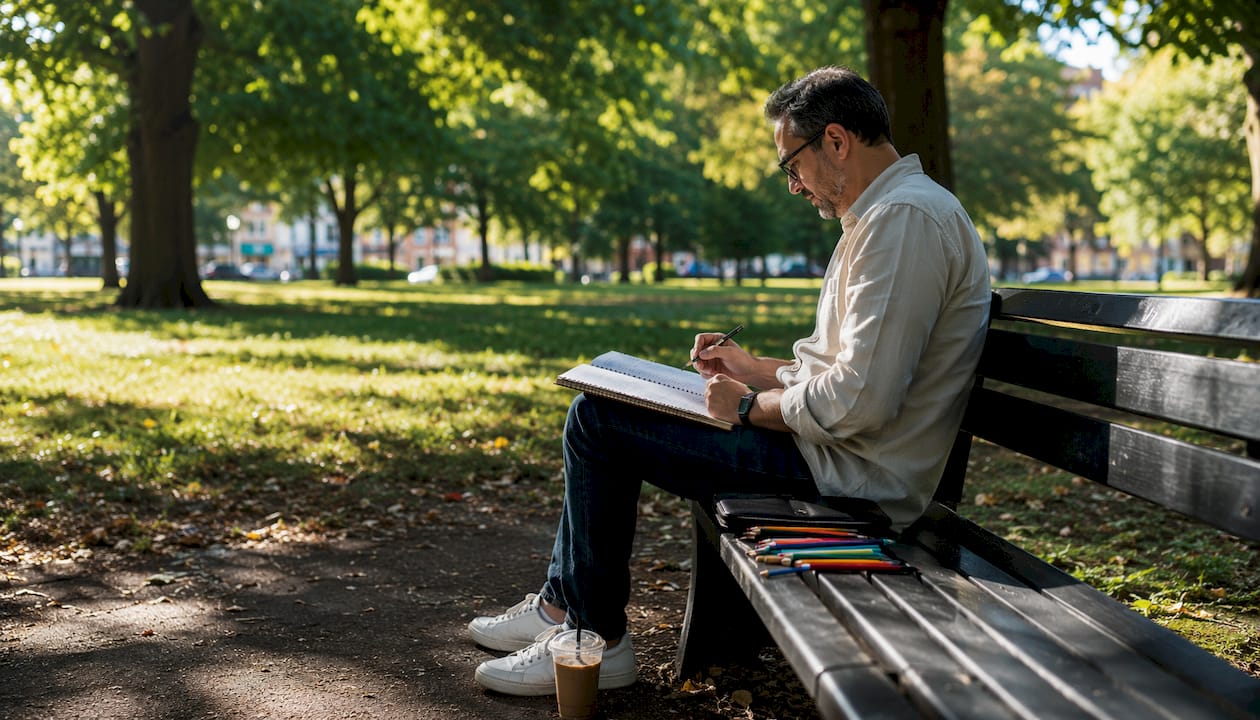 Man planning social media posting workflow at café
