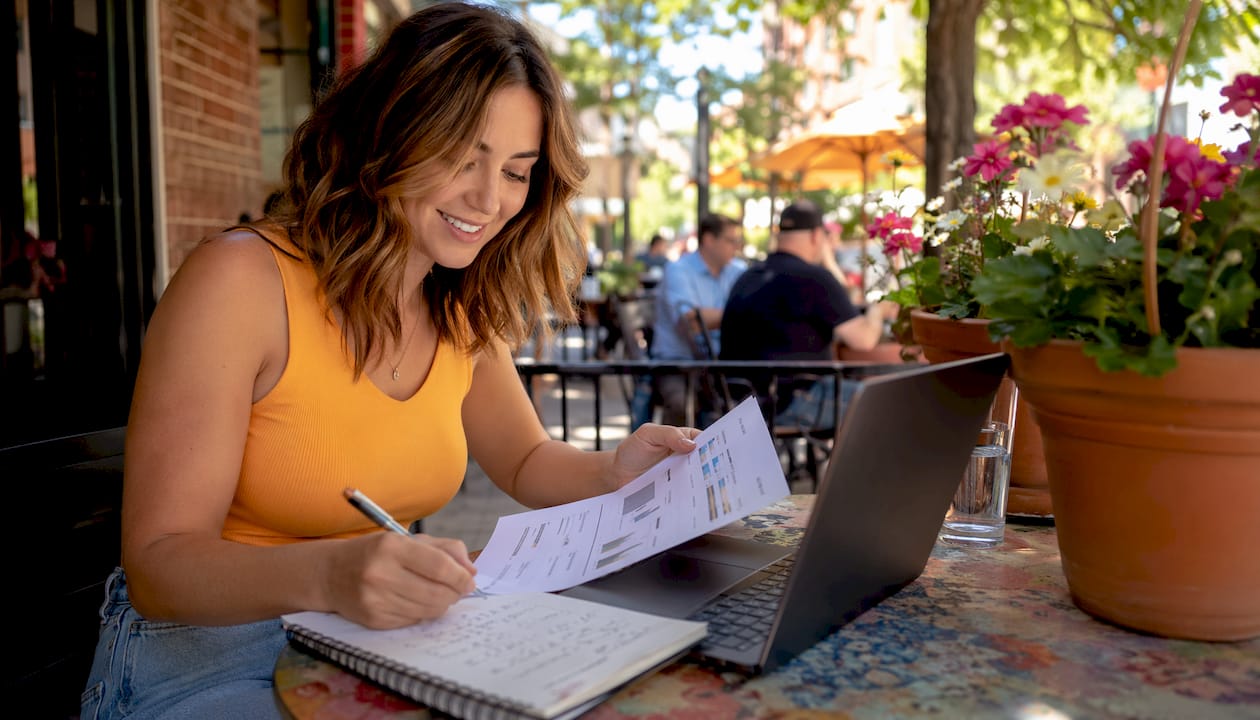 Small business owner reviewing social media audit outdoors