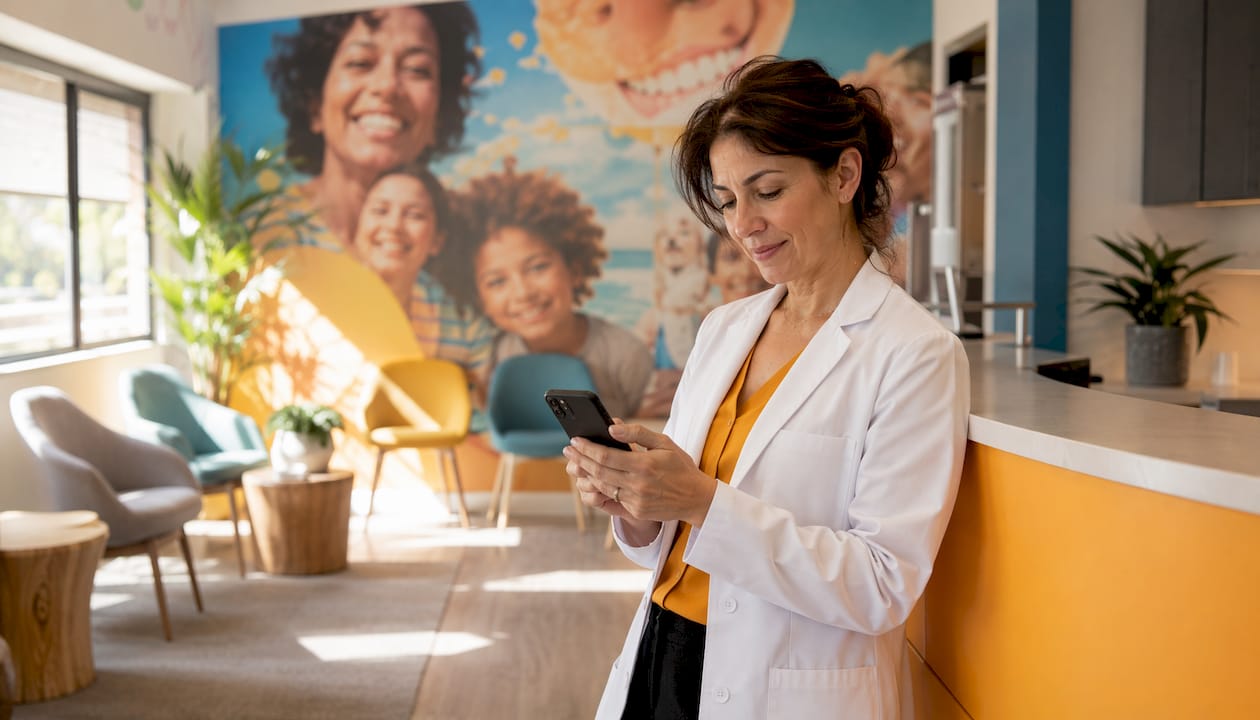 Dentist managing social media on phone at desk