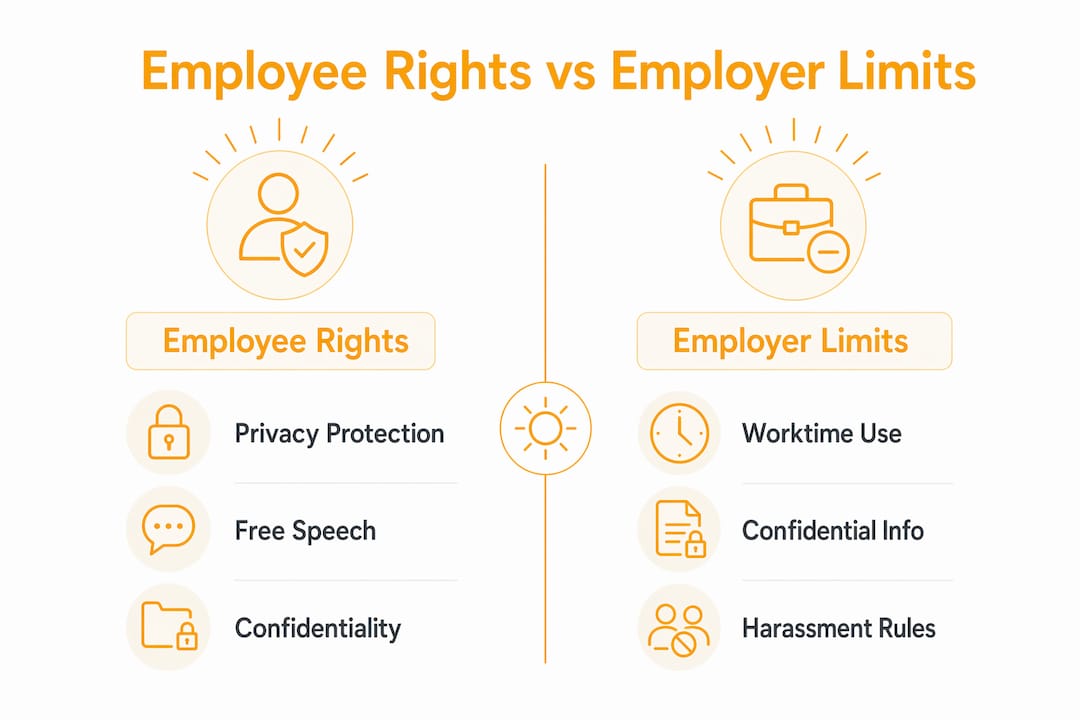 Infographic comparing employee rights with employer limits in California social media policies
