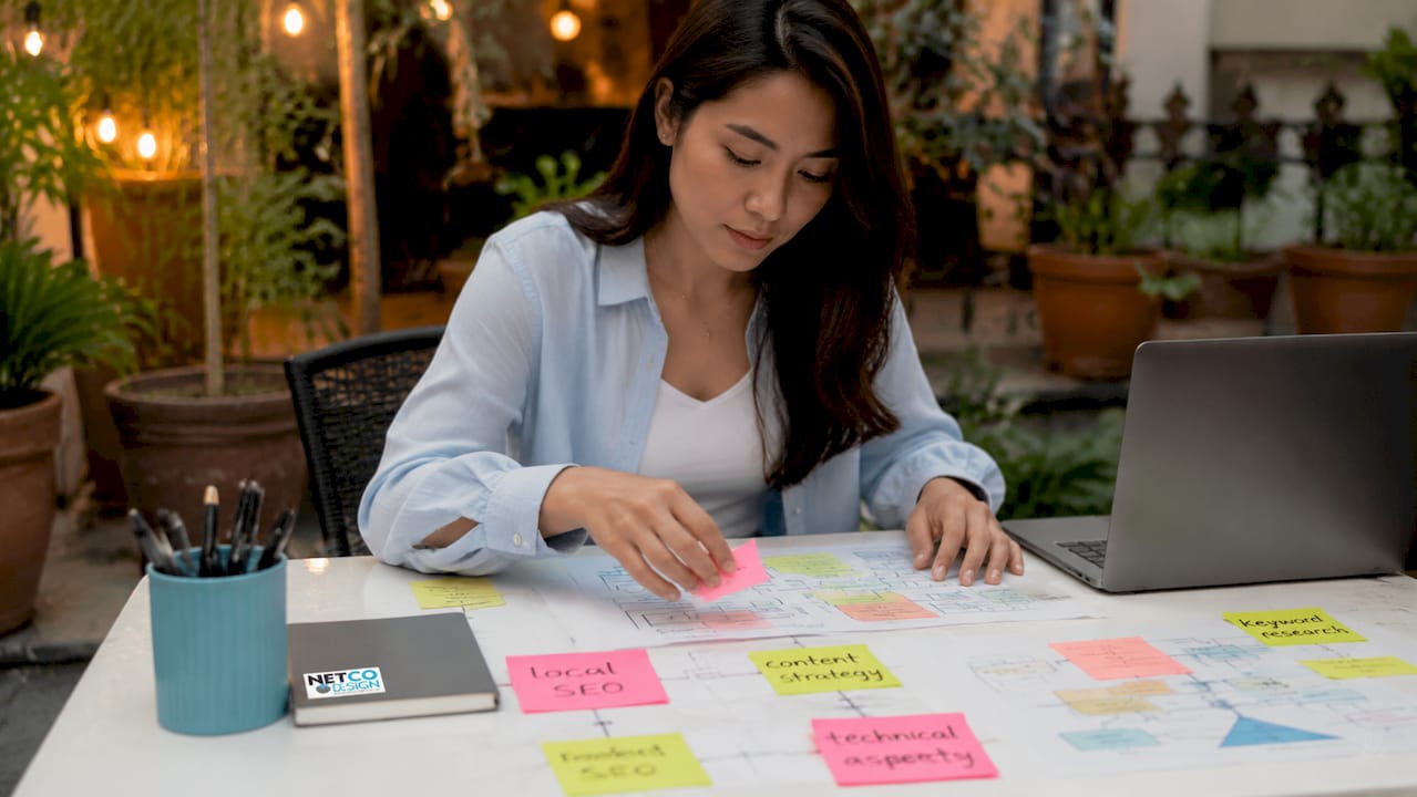 Hands arranging SEO strategy sticky notes