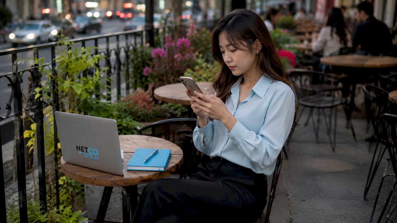 Young woman using smartphone searching home services