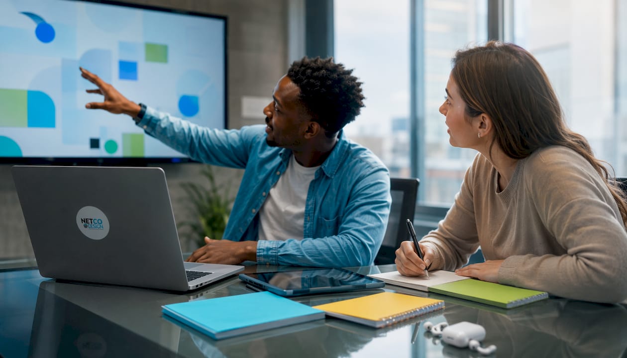 Two marketers collaborating in office meeting